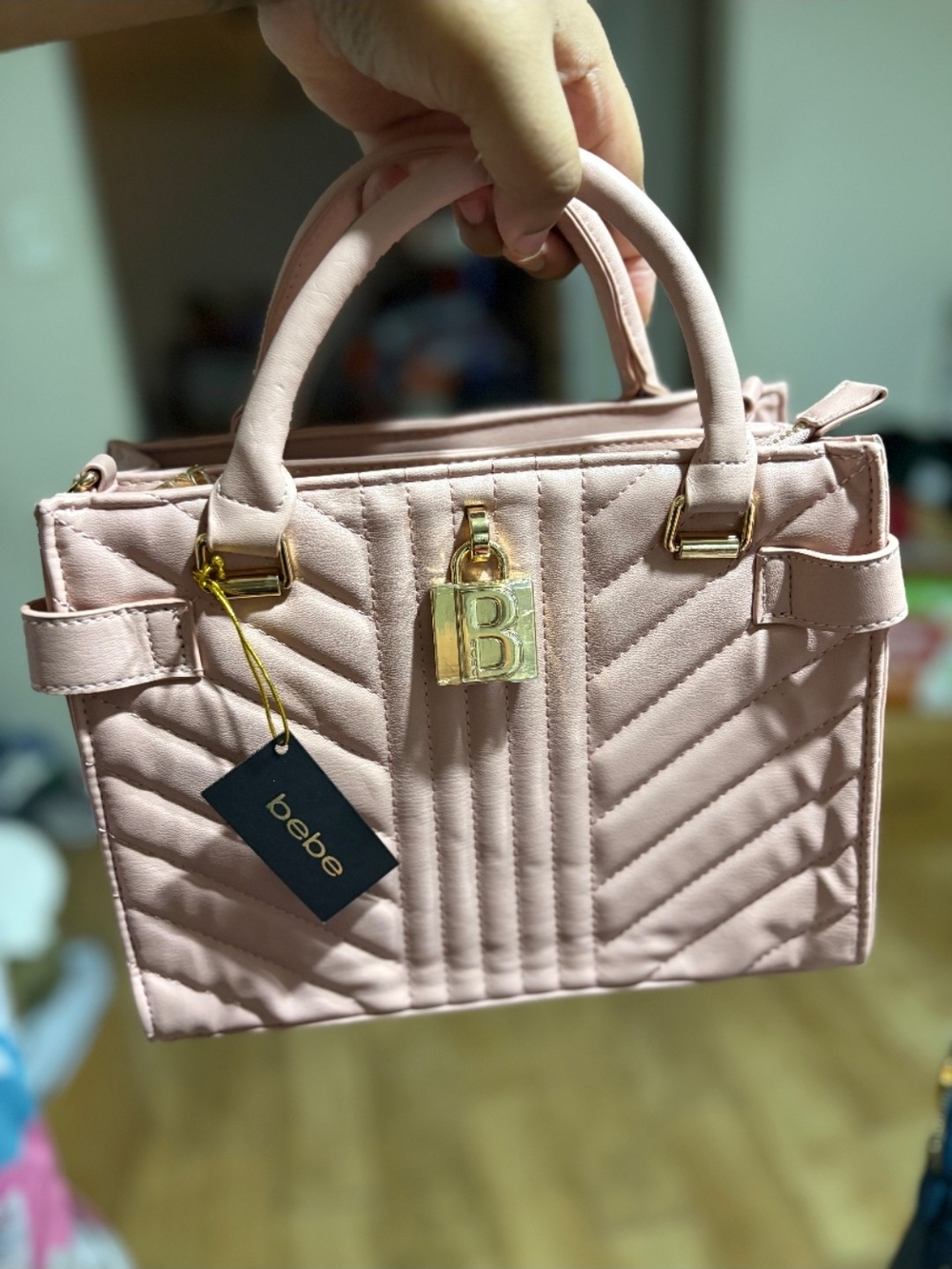 bebe Quilted Top-Handle Satchel in Blush Pink with Gold Hardware